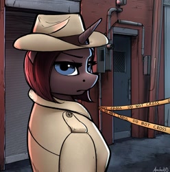 Size: 1189x1200 | Tagged: safe, artist:apocheck13, imported from derpibooru, oc, anthro, unicorn, blue eyes, building, bust, crime scene, detective, eyelashes, female, horn, looking at you, looking back, police tape, solo, unicorn oc