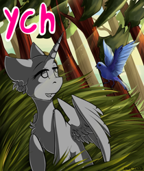 Size: 1576x1874 | Tagged: safe, artist:yuris, imported from derpibooru, oc, bird, pony, advertisement, auction, commission, cute, forest, grass, smiling, solo, tree, ych sketch, your character here