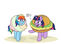 Size: 2913x2128 | Tagged: safe, artist:doodledonutart, imported from derpibooru, part of a set, rainbow dash, twilight sparkle, alicorn, pegasus, pony, burger, burger costume, clothes, comic, commission, costume, dialogue, duo, duo female, female, food, food costume, grin, hamburger, hay burger, horn, ice cream, ice cream costume, open mouth, open smile, pointing, pun, raised hoof, sherbet, sherbet costume, simple background, smiling, twilight burgkle, twilight sparkle (alicorn), visual pun, white background