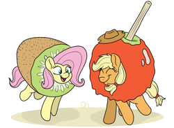 Size: 2913x2128 | Tagged: safe, artist:doodledonutart, imported from derpibooru, part of a set, applejack, fluttershy, earth pony, pegasus, pony, apple, apple costume, candy apple (food), candy apple costume, clothes, commission, costume, eyes closed, food, food costume, fruit, kiwi costume, kiwi fruit, kiwi fruit costume, open mouth, open smile, simple background, smiling, white background