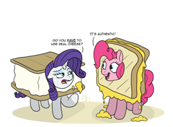 Size: 2913x2128 | Tagged: safe, artist:doodledonutart, imported from derpibooru, part of a set, pinkie pie, rarity, earth pony, pony, unicorn, cheese, clothes, commission, costume, dialogue, duo, duo female, female, food, food costume, grilled cheese, grilled cheese costume, grilled cheese sandwich, grilled cheese sandwich costume, implied cheese sandwich, open mouth, open smile, rarity is a marshmallow, s'mores, s'mores costume, sandwich, sandwich costume, simple background, smiling, white background