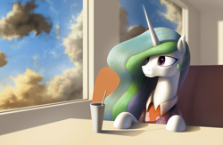 Size: 2558x1663 | Tagged: safe, artist:suhar, imported from derpibooru, princess celestia, alicorn, pony, blue sky, cafe, clothes, cloud, cloudy, cup, diner, ethereal hair, ethereal mane, female, flower, hawaiian shirt, horn, mare, missing accessory, multicolored hair, multicolored mane, pink eyes, shirt, sky, smiling, solo, straw, table