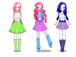 Size: 800x600 | Tagged: safe, artist:unicornsmuf1, imported from derpibooru, fluttershy, pinkie pie, rarity, human, equestria girls, belt, boots, clothes, humanized, jacket, kisekae, shirt, shoes, simple background, skirt, socks, transparent background