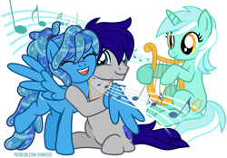 Size: 1100x767 | Tagged: safe, artist:jennieoo, imported from derpibooru, lyra heartstrings, oc, oc:maverick, oc:ocean soul, earth pony, pegasus, pony, unicorn, couple, duet, embrace, hug, lyre, male, married couple, music notes, musical instrument, show accurate, simple background, singing, song, soulverick, stallion, transparent background, vector