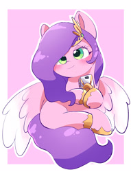 Size: 1952x2557 | Tagged: safe, artist:leo19969525, imported from derpibooru, pipp petals, pegasus, pony, adorapipp, blushing, crown, cute, female, g5, green eyes, hair over one eye, jewelry, mane, mare, passepartout, phone, pink background, purple mane, purple tail, regalia, simple background, sitting, smiling, solo, spread wings, tail, wings