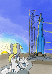 Size: 849x1200 | Tagged: safe, artist:darkdabula, imported from derpibooru, derpy hooves, pony, rocket, solo, spacesuit