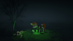 Size: 4000x2250 | Tagged: safe, artist:enteryourponyname, imported from derpibooru, oc, oc only, oc:littlepip, insect, pony, unicorn, fallout equestria, armor, bone, clothes, gun, handgun, jumpsuit, little macintosh, magic, night, pipbuck, pistol, ready to fight, revolver, skeleton, tree, vault suit, weapon, worried