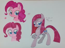 Size: 1957x1423 | Tagged: safe, artist:yukkuri_yu_yu, imported from derpibooru, pinkie pie, earth pony, pony, bust, female, japanese, looking at you, mare, pinkamena diane pie, raised hoof, simple background, solo, traditional art, white background