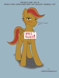 Size: 3096x4128 | Tagged: safe, artist:lennystendhal13, imported from derpibooru, oc, oc only, oc:jambalaya, pegasus, pony, atg 2018, blushing, chest fluff, male, newbie artist training grounds, sign, solo, stallion