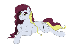 Size: 4128x3096 | Tagged: safe, artist:lennystendhal13, imported from derpibooru, oc, oc only, oc:carefree, earth pony, pony, earth pony oc, eyeshadow, female, high res, looking at you, lying down, makeup, mare, prone, simple background, smiling, smiling at you, solo, tail, transparent background, two toned mane, two toned tail