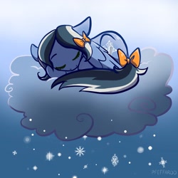 Size: 2048x2048 | Tagged: safe, artist:pfeffaroo, imported from derpibooru, oc, oc only, pegasus, pony, bow, cloud, hair bow, on a cloud, sleeping, sleeping on a cloud, snow, snowflake, solo, tail, tail bow