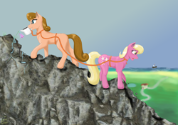 Size: 5000x3500 | Tagged: safe, artist:lennystendhal13, imported from derpibooru, lily, lily valley, peachy cream, earth pony, pony, absurd resolution, female, mare, mouth hold, rope, scared, watering can