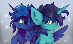 Size: 2382x1435 | Tagged: safe, artist:mochalula, imported from derpibooru, princess luna, oc, alicorn, pony, unicorn, duo, female, male, mare, signature, simple background, stallion