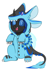 Size: 1660x2420 | Tagged: safe, artist:rokosmith26, imported from derpibooru, oc, oc only, oc:swift dawn, avali, changeling, original species, animal onesie, blue changeling, blue eyes, changeling oc, cheek fluff, clothes, commission, costume, eye clipping through hair, happy, horn, kigurumi, looking up, male, onesie, open mouth, simple background, sitting, smiling, solo, teeth, transparent background, ych result, your character here