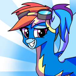 Size: 1600x1600 | Tagged: safe, artist:artevi, imported from derpibooru, rainbow dash, pegasus, pony, alternate hairstyle, bust, clothes, female, goggles, looking at you, mare, ponytail, smiling, solo, uniform, wonderbolts uniform