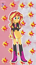Size: 1080x1920 | Tagged: safe, anonymous artist, artist:wawtoons, edit, imported from derpibooru, sunset shimmer, human, equestria girls, boots, clothes, crossed arms, cutie mark background, high heel boots, jacket, legs, outline, shirt, shoes, simple background, skirt, solo, white outline