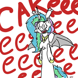 Size: 750x750 | Tagged: safe, artist:rfp, imported from derpibooru, princess celestia, alicorn, bat pony, bat pony alicorn, pony, bat ponified, bat wings, batlestia, cake, cakelestia, eeee, food, horn, long pony, race swap, simple background, solo, white background, wings