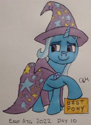 Size: 2481x3420 | Tagged: safe, artist:rapidsnap, imported from derpibooru, trixie, pony, unicorn, atg 2022, best pony, brooch, cape, clothes, female, hat, jewelry, mare, newbie artist training grounds, solo, traditional art, trixie's brooch, trixie's cape, trixie's hat