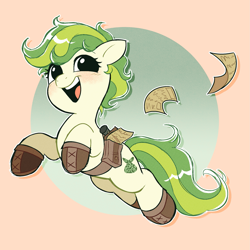 Size: 2209x2209 | Tagged: safe, artist:syrupyyy, imported from derpibooru, oc, oc only, oc:karakusa, earth pony, pony, adventurer, bag, boots, female, filly, foal, prancing, saddle bag, shoes