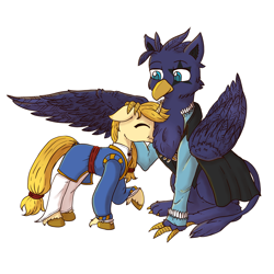 Size: 2000x2000 | Tagged: safe, artist:cookieart2k22, imported from derpibooru, oc, oc only, oc:eid, oc:regal inkwell, griffon, pony, unicorn, chest fluff, clothes, cuddling, cute, doublet, duo, gay, head pat, male, nobility, nuzzling, pat, simple background, size difference, white background