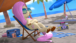 Size: 3840x2160 | Tagged: safe, artist:owlpirate, imported from derpibooru, fluttershy, pegasus, pony, 3d, 4k, beach, beach chair, beach umbrella, boombox, chair, crossed hooves, female, high res, lying down, mare, smiling, solo, source filmmaker, sunglasses, unshorn fetlocks