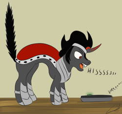 Size: 800x748 | Tagged: safe, artist:lennystendhal13, imported from derpibooru, king sombra, pony, unicorn, arched back, atg 2022, behaving like a cat, hissing, male, newbie artist training grounds, roomba, simple background, solo, stallion, wooden floor