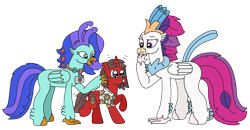 Size: 3228x1685 | Tagged: safe, artist:supahdonarudo, imported from derpibooru, queen novo, oc, oc:ironyoshi, oc:sea lilly, classical hippogriff, hippogriff, pony, unicorn, my little pony: the movie, atg 2022, camera, clothes, confused, excited, jewelry, necklace, newbie artist training grounds, shirt, simple background, transparent background