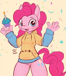 Size: 1127x1280 | Tagged: safe, artist:urbanfoxgamer, imported from derpibooru, pinkie pie, anthro, earth pony, :3, bottomless, candle, clothes, confetti, cupcake, cute, cute little fangs, fangs, featureless crotch, female, food, hoodie, looking at you, partial nudity, smiling, solo, thighs, thunder thighs