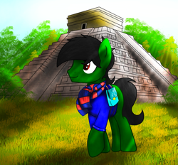 Size: 2375x2208 | Tagged: safe, artist:fededash, imported from derpibooru, oc, oc only, oc:tomasgrassi, earth pony, pony, backpack, chichen itza, clothes, glass, jacket, scarf, shadows, smiling, sun, tree