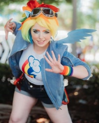 Size: 1080x1350 | Tagged: safe, artist:roseygcosplay, imported from derpibooru, rainbow dash, human, clothes, cosplay, costume, goggles, irl, irl human, multicolored hair, photo, rainbow hair