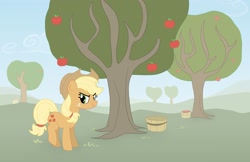 Size: 2732x1767 | Tagged: artist needed, safe, applejack, /bale/, apple, apple tree, basket, cloud, determined, food, grass, sky, solo, tree