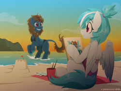 Size: 1600x1200 | Tagged: safe, artist:willoillo, imported from derpibooru, oc, oc only, oc:starflame, kirin, pegasus, pony, beach, clothes, commission, sandcastle, sitting, sunset, swimsuit