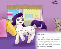 Size: 3593x2894 | Tagged: safe, artist:magicghostslime, imported from derpibooru, rarity, pony, unicorn, series:rarity journey to opulence, boutique, canterlot, diary, female, high res, indoors, open mouth, solo, this will end in weight gain, weight gain sequence