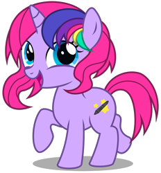 Size: 3090x3330 | Tagged: safe, artist:strategypony, imported from derpibooru, oc, oc only, oc:techy twinkle, pony, unicorn, cute, female, filly, foal, horn, looking back, multicolored mane, ocbetes, raised hoof, simple background, transparent background, unicorn oc, walking, younger
