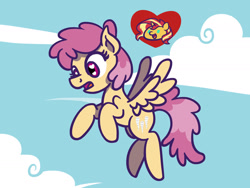 Size: 1800x1350 | Tagged: safe, artist:flutterluv, imported from derpibooru, part of a set, dizzy twister, orange swirl, sunset shimmer, pegasus, pony, atg 2022, flying, heart, newbie artist training grounds, part of a series, sky, solo