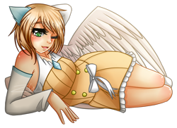 Size: 1047x764 | Tagged: safe, artist:kat-the-true-kitkat, imported from derpibooru, oc, oc only, human, clothes, dress, humanized, one eye closed, simple background, smiling, solo, transparent background, winged humanization, wings, wink