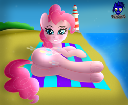 Size: 5075x4154 | Tagged: safe, artist:damlanil, imported from derpibooru, pinkie pie, earth pony, pony, balloonbutt, beach, beach towel, blushing, butt, cute, diapinkes, dock, female, forest, frog (hoof), glowing cutie mark, grin, happy, lighthouse, looking at you, lying down, mare, ocean, plot, sand, show accurate, smiling, solo, tail, tree, underhoof, vector, water