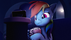 Size: 3840x2160 | Tagged: safe, artist:psfmer, imported from derpibooru, rainbow dash, pegasus, pony, 3d, cellphone, female, food, high res, mare, phone, popcorn, smartphone, solo, source filmmaker, watching, watching tv