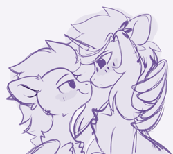 Size: 747x663 | Tagged: safe, artist:little-sketches, imported from derpibooru, oc, oc only, oc:pixel codec, oc:raiko, pegasus, pony, unicorn, blushing, chest fluff, gay, horn, looking at each other, looking at someone, male, pegasus oc, simple background, sketch, stallion, unicorn oc, wings