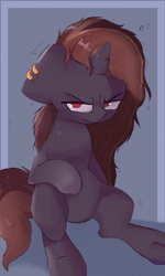 Size: 1802x3000 | Tagged: safe, artist:rainyvisualz, imported from derpibooru, oc, oc only, oc:kyanite mocha, pony, unicorn, angry, ear piercing, horn, looking at you, male, piercing, simple background, sitting, solo, static, unicorn oc