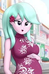 Size: 1000x1500 | Tagged: safe, artist:aryatheeditor, imported from derpibooru, equestria girls, adordahlia, busty dahila, clothes, cute, dahlia, digital art, equestria girls-ified, eyebrows, female, flower, flower in hair, g5, g5 to equestria girls, generation leap, glow, hand on belly, jewelry, looking at you, maretime bay, my little pony: tell your tale, outfit, pose, pregnant, pregnant equestria girls, ring, shiny, sleeveless, smiling, smiling at you, solo