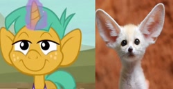 Size: 1920x987 | Tagged: safe, edit, edited screencap, imported from derpibooru, screencap, snails, fennec fox, fox, pony, unicorn, buckball season, animal, big ears, coincidence i think not, colt, comparison, foal, front view, glow, glowing horn, horn, magic, magic aura, male