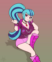 Size: 3180x3784 | Tagged: safe, artist:scorpdk, imported from twibooru, sonata dusk, human, boots, breasts, busty sonata dusk, cleavage, clothes, humanized, image, jewelry, looking at you, necklace, needs more jpeg, panties, panty shot, ponytail, shoes, smiling, smiling at you, solo, underwear