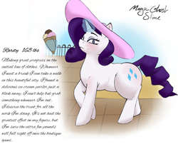 Size: 4204x3396 | Tagged: safe, artist:magicghostslime, imported from derpibooru, rarity, pony, unicorn, series:rarity journey to opulence, canterlot, chubby, diary, female, food, glow, glowing horn, hat, high res, horn, ice cream, ice cream cone, magic, magic aura, mare, outdoors, raised hoof, solo, sun hat, telekinesis, weight gain, weight gain sequence