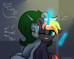 Size: 2560x2048 | Tagged: safe, artist:darbedarmoc, imported from derpibooru, oc, oc:minerva, oc:rainbow fire, pony, unicorn, dialogue, horn, magic, pen, piercing