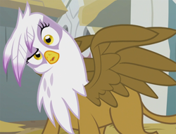 Size: 910x694 | Tagged: safe, imported from twibooru, screencap, gilda, griffon, the lost treasure of griffonstone, building, confused, expression, head tilt, image, one eye half closed, open mouth, png, reaction, solo, spread wings, standing, wings