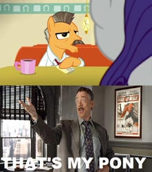 Size: 640x724 | Tagged: safe, edit, edited screencap, imported from derpibooru, screencap, rarity, human, pony, unicorn, background pony, duo, j. jonah jameson, marvel, meme, spider-man, that's my pony, that's my x