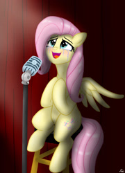 Size: 1280x1773 | Tagged: safe, artist:lennondash, imported from derpibooru, fluttershy, pegasus, pony, blushing, crying, curtains, female, mare, microphone, open mouth, singing, sitting, solo, spotlight, spread wings, stool, tears of joy, wings