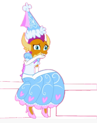 Size: 536x677 | Tagged: safe, artist:darlycatmake, edit, imported from derpibooru, smolder, dragon, amused, chuckle, clothes, cute, dragoness, dress, female, fence, froufrou glittery lacy outfit, giggling, gloves, grin, happy, hat, having fun, hennin, high heels, laughing, long gloves, nervous, nervous grin, princess, princess smolder, shoes, simple background, smiling, smolder also dresses in style, smolderbetes, solo, transparent background