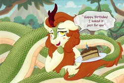 Size: 3000x2000 | Tagged: safe, artist:paladin-drakkenwolf, imported from derpibooru, autumn blaze, kirin, lamia, original species, snake, snake pony, blushing, cake, cake slice, candle, female, food, happy birthday, high res, lamiafied, looking at you, one ear down, portal (valve), solo, species swap, talking to viewer, the cake is a lie